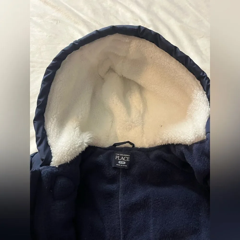 Children’s Place Navy Blue Infant Baby One Piece Snowsuit & Mittens 6-9 Months
